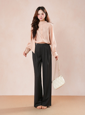粉脂凝香一字飘带领温婉气质长袖衬衫垂感阔腿裤爆款简约通勤套装