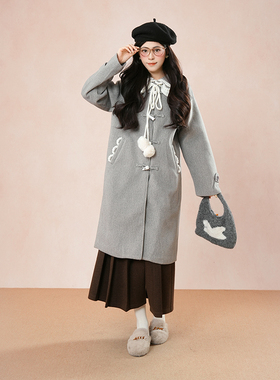 2025新款花边领设计加厚中长款夹棉灰色呢大衣百搭毛呢外套大衣女