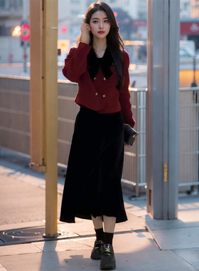 【跨年夜】高级感红色小香风加厚外套+时尚百搭半身裙套装2025年