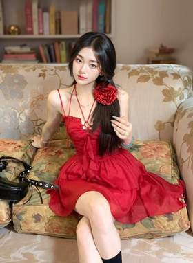 花墙红玫瑰 法式复古气质收腰红色小个子连衣裙开衫套装超仙短裙