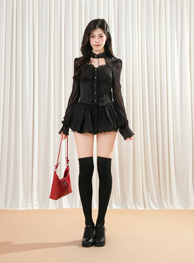 法式时尚洋气轻熟风套装女秋季新款蕾丝花边上衣黑色半身裙两件套