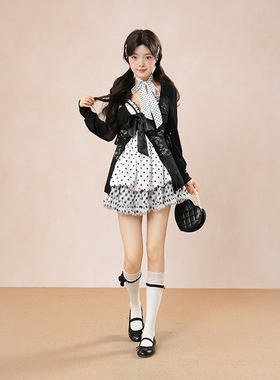 【波波奶茶】vintage古着甜系套装蕾丝开衫波点吊带半身裙三件套~