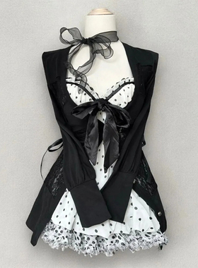 古早风古着套装女秋季新款蝴蝶结波点吊带气质开衫蕾丝半裙三件套