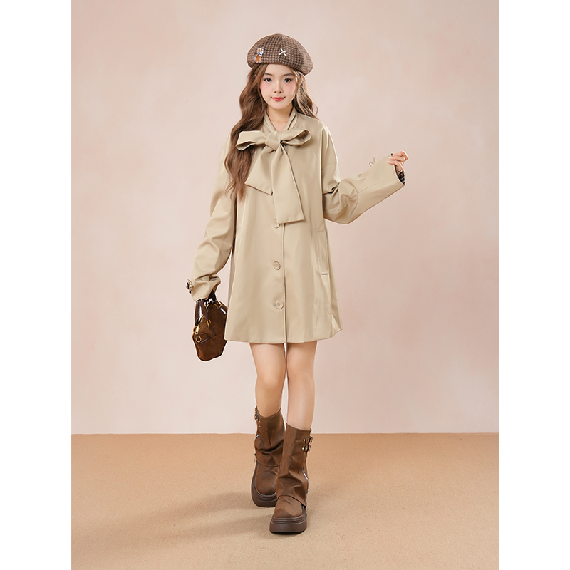 秋日序曲 韩系复古卡其色风衣女设计感可爱蝴蝶结格纹拼气质外套