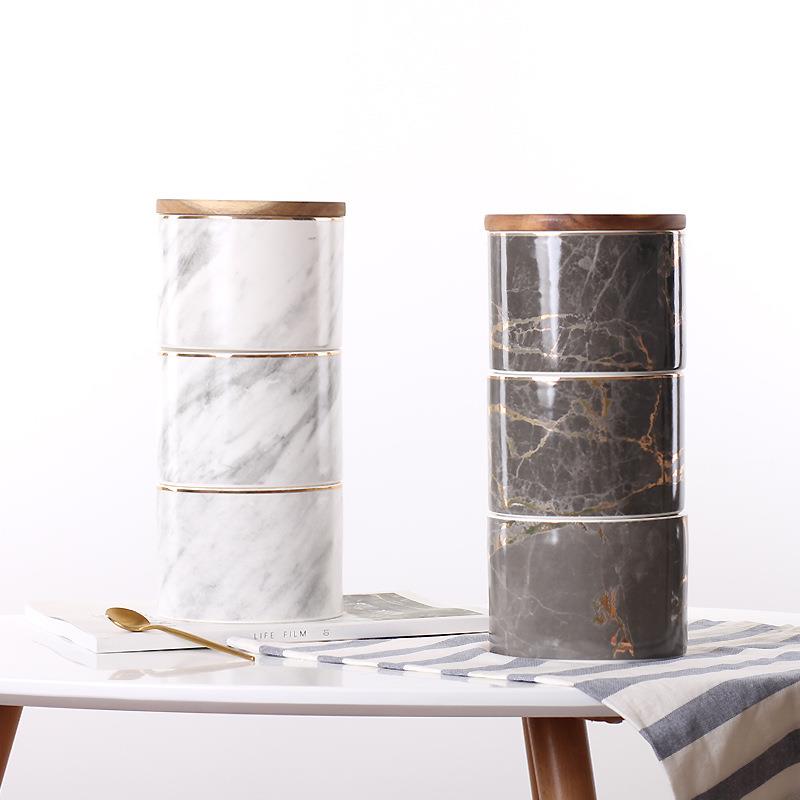 北欧大理石纹三层陶瓷密封罐杂粮咖啡茶叶收纳罐子带盖储物罐摆件
