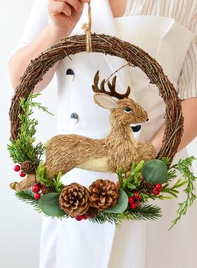 NUCHI跨境圣诞麋鹿藤圈花环门挂花店商场连锁店铺圣诞装饰布置