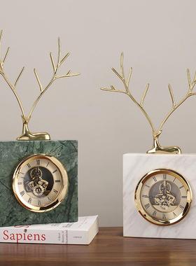 北欧轻奢铜小鹿大理石座钟客厅电视柜边几床头柜样板房装饰品摆件