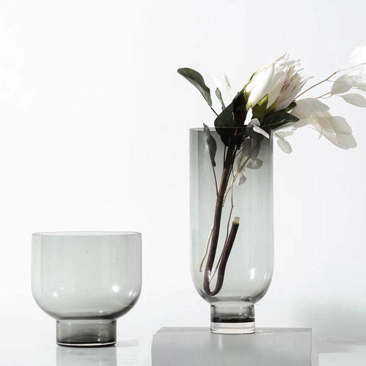 灰色简约现代圆形玻璃花器客厅花艺插花装饰花瓶摆件样板间软装