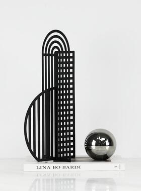 简约现代黑色金属网格屏风镂空几何摆件 样板间书房桌面软装饰品