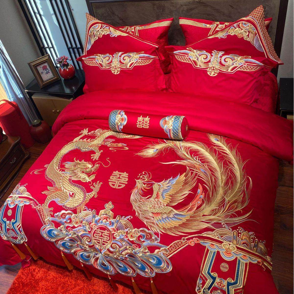 流苏吊坠婚庆家纺红色四件套100长绒棉龙凤刺绣结婚新婚床上用品,床上用品,婚庆床品套件,淘宝优惠券,粉丝福利购,淘宝优惠卷