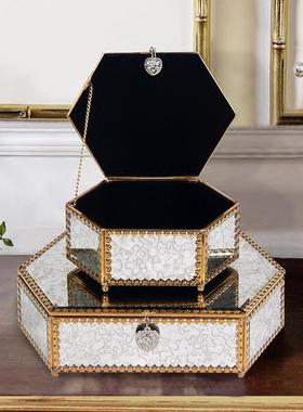 铜色六边仿古镜花边玻璃首饰盒首饰收纳盒陈列展示盒道具