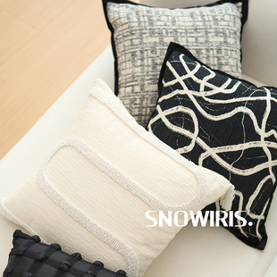 中古风抱枕套黑白线条简约百搭软装靠垫客厅沙发样板间高级感腰枕