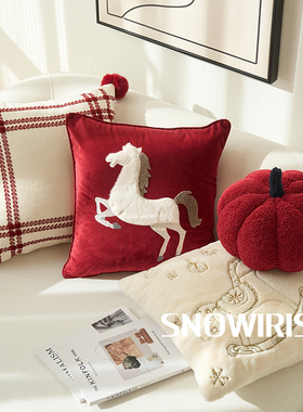 马年红色抱枕套客厅软装新年喜庆氛围感靠垫绣花简约高级感腰靠枕