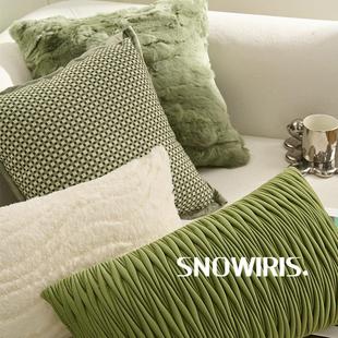 复古绿抱枕套中古风软装客厅沙发靠垫高级感獭兔毛重工艺褶皱腰靠