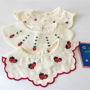 女宝宝夏季薄款纯棉纱布绣樱桃草莓围嘴新生婴儿360度旋转口水巾