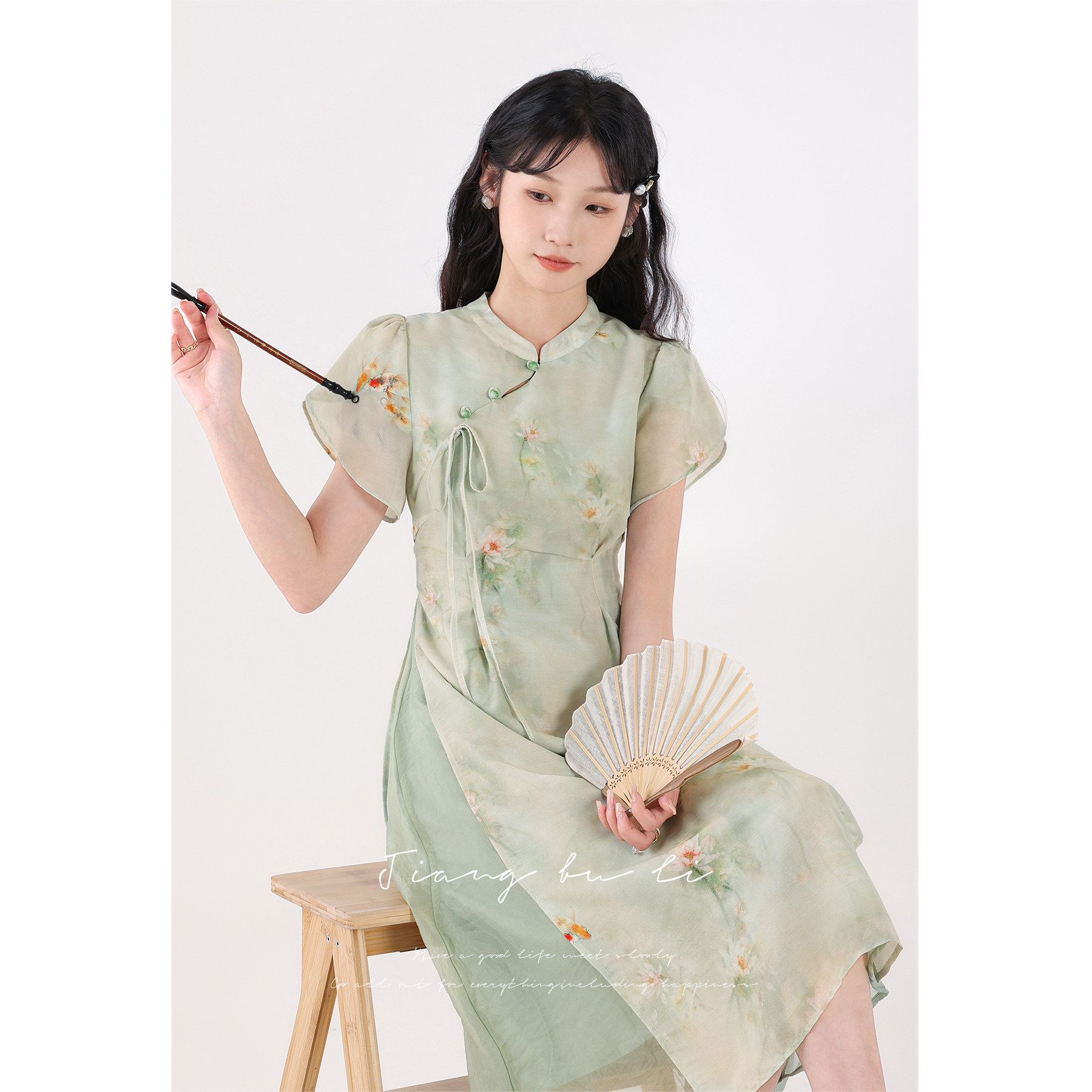 【现货】江不离【荷香露浓】新中式印花连衣裙女旗袍立领盘扣裙子