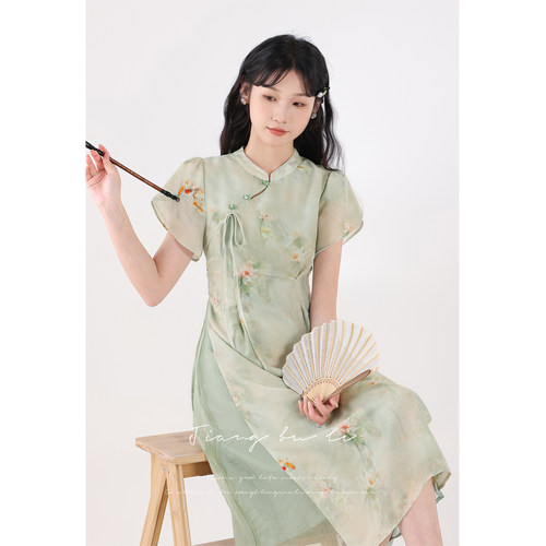 【现货】江不离【荷香露浓】新中式印花连衣裙女旗袍立领盘扣裙子