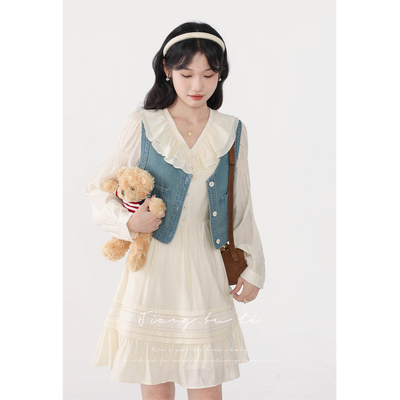 江不离【温柔讯号】法式甜美连衣裙马甲两件套春季田园度假套装女