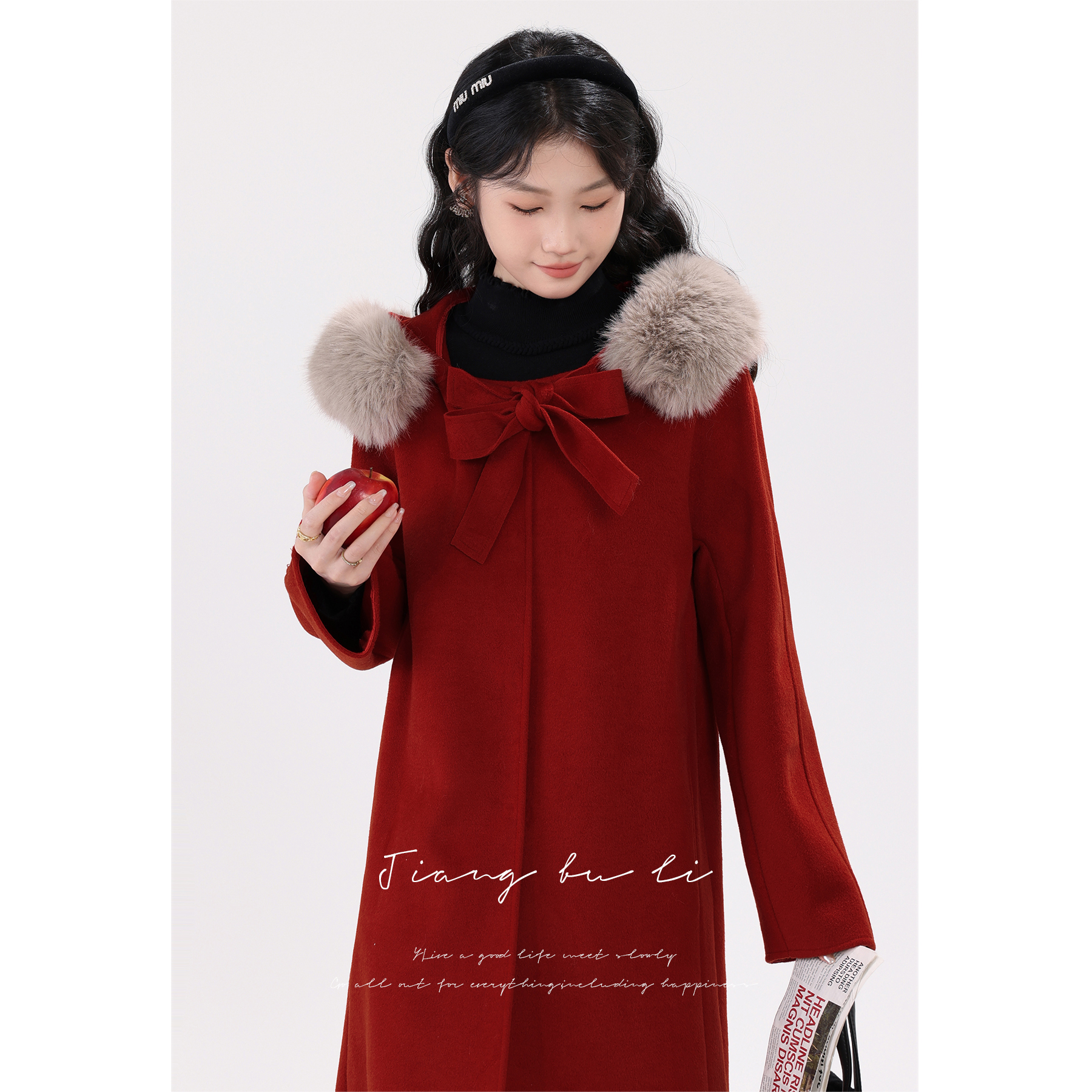 江不离【蔷薇少女】酒红色长款单双面毛呢外套女2023款秋冬季上衣