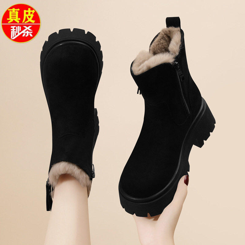 品牌撤柜短靴加绒真皮厚底雪地靴
