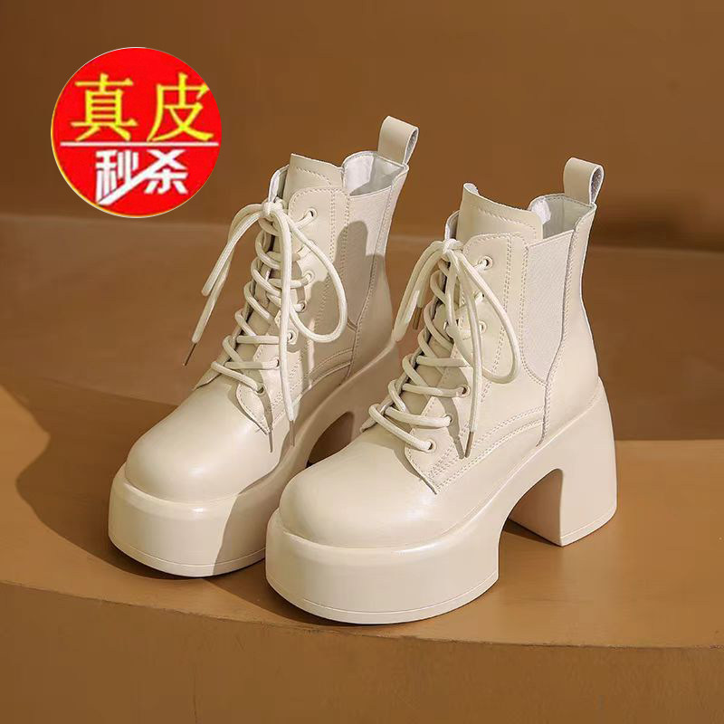 品牌百搭显瘦高跟时装靴女真皮厚底马丁靴2025秋新款白色系带短靴