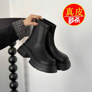 品牌真皮黑色短靴女2025秋冬新款软厚底马丁靴小个子配裙子瘦瘦靴