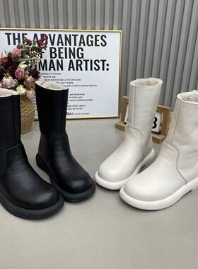 品牌鞋皮面荔枝纹白色雪地靴女冬加绒中筒靴子2025新款平底马丁靴