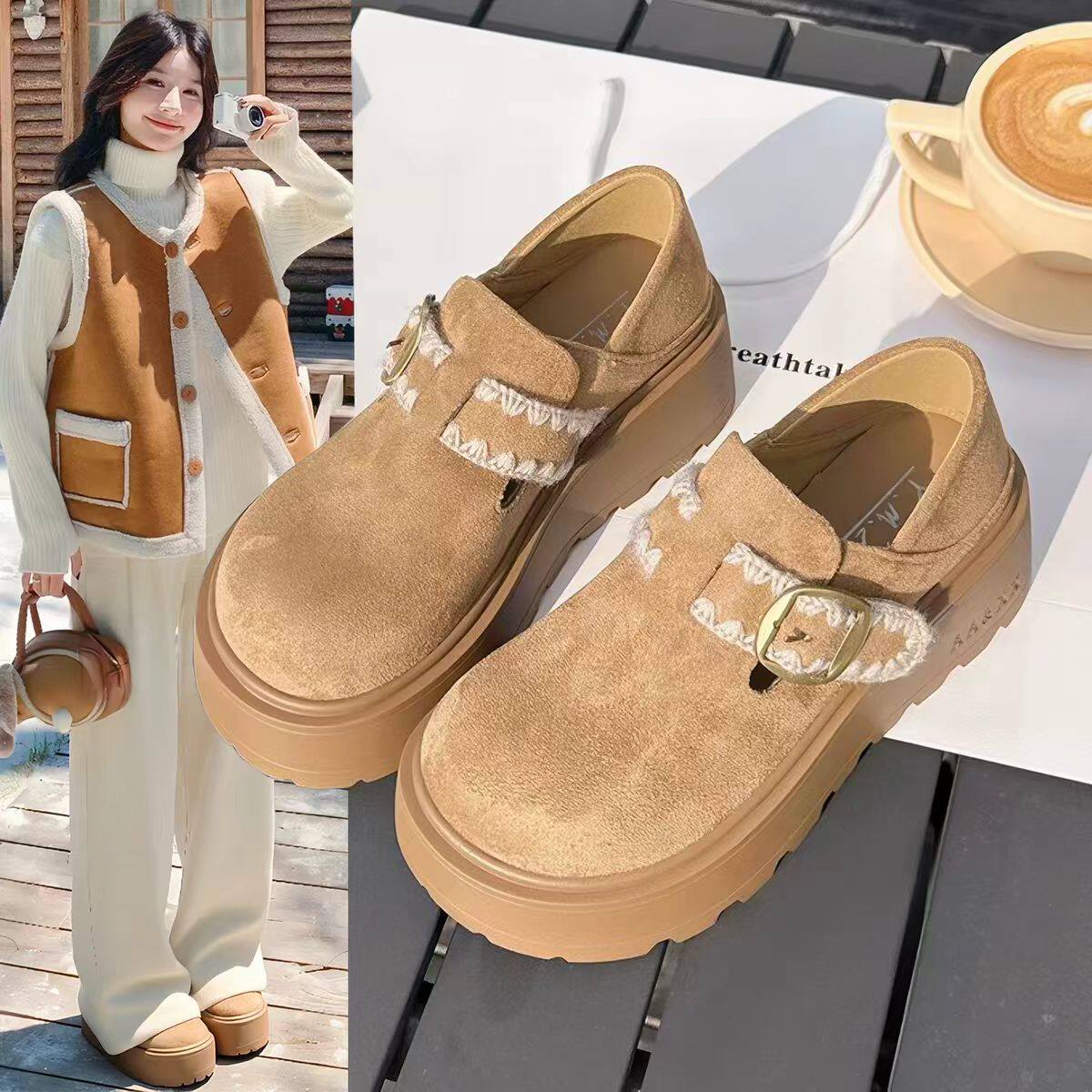 品牌真皮厚底增高全包勃肯鞋女2026春季新款一脚蹬软底乐福单鞋子