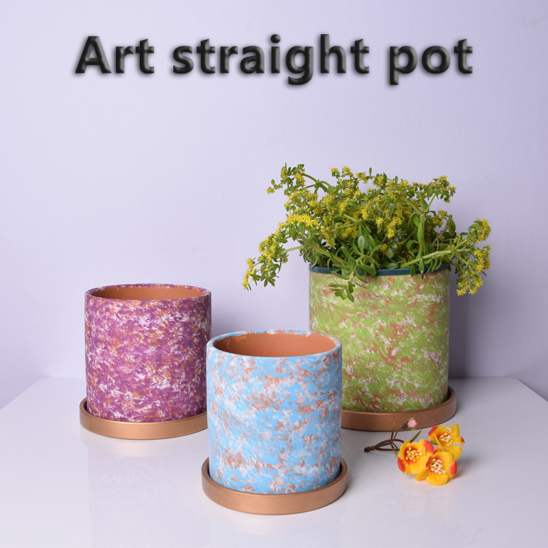 艺术纹理直筒花盆ins风大口径圆形陶土盆室内桌面绿植特价包邮