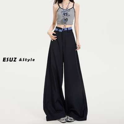 藏青色双腰格子拼接西装裤女夏季薄款美式设计宽松垂感阔腿休闲