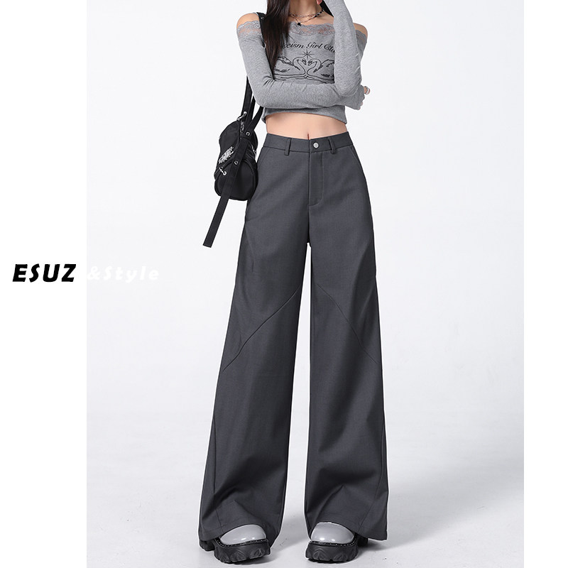 灰色褶皱阔腿西装裤女2025年夏季新款设计感微喇叭裤休闲 工作服