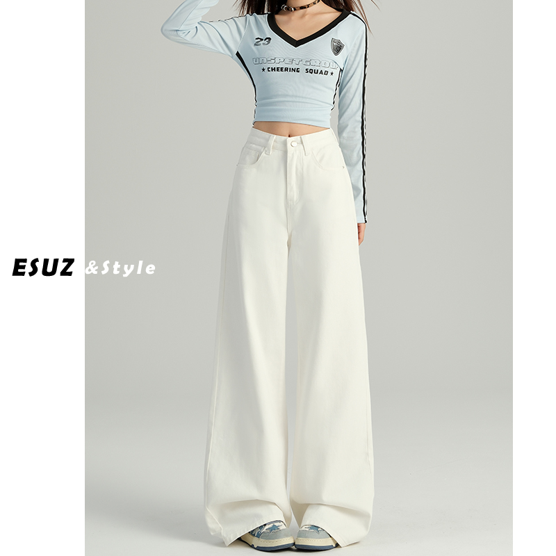 白色阔腿牛仔裤女春秋2025新款高腰垂感宽松显瘦拖地直筒裤子秋冬