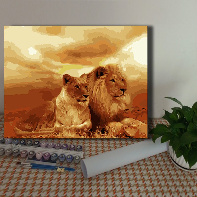 diy数字油画金钱豹狮子王者风范儿童手绘填色丙烯装饰画 动物系列图片