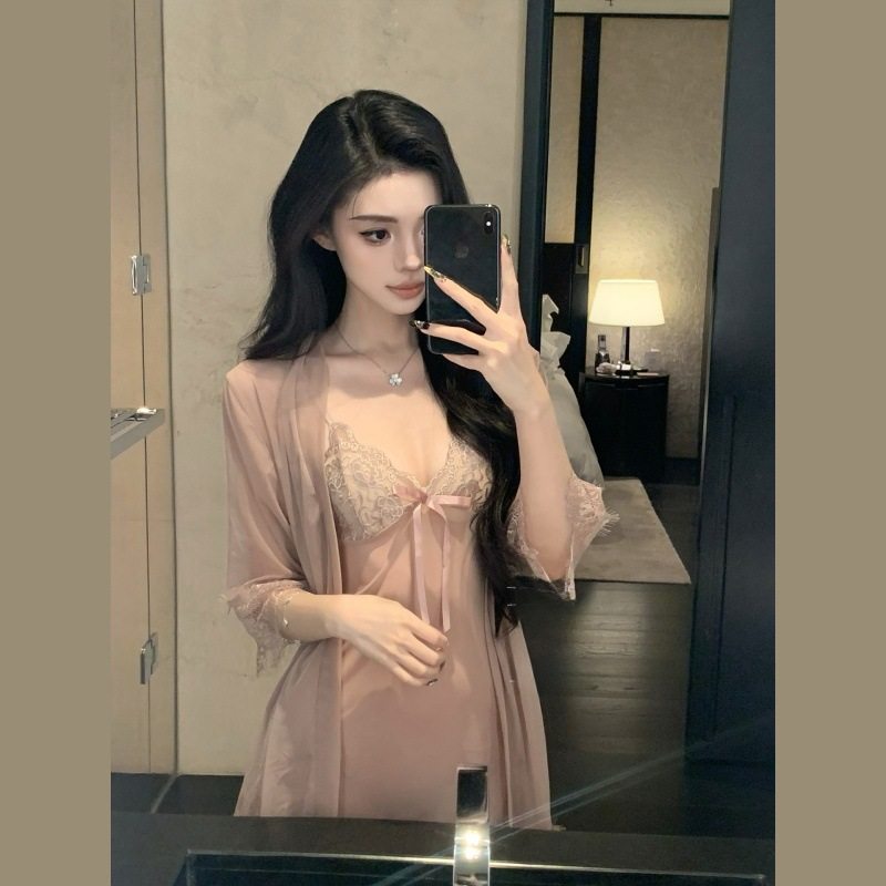 性感绝美睡衣套装女蕾丝高级感吊带睡裙外袍网纱透视两件套qqny