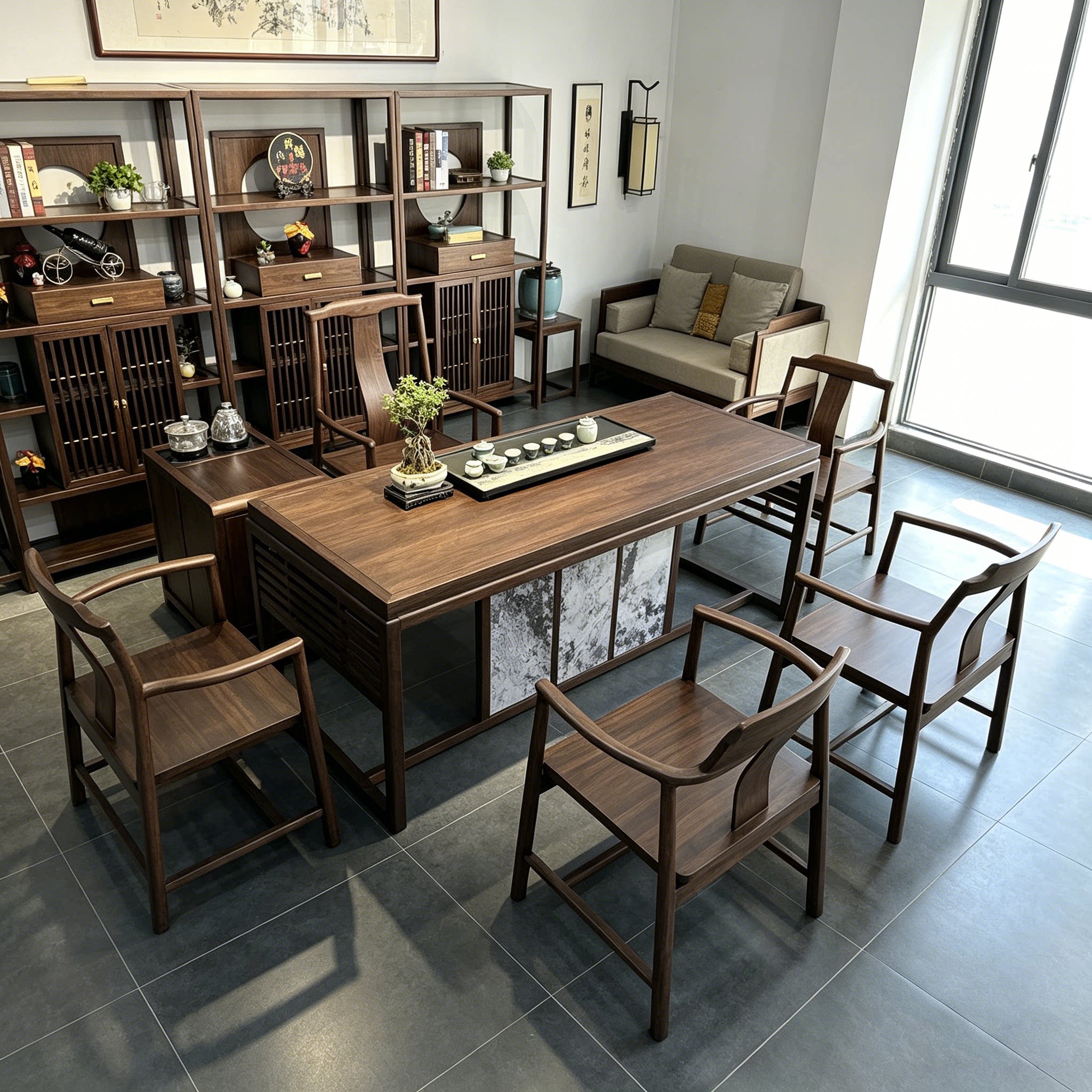 乌金木茶桌新中式实木原木老板办公室茶桌一体两用高档大茶台禅意