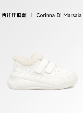 Corinna di Marsala白色羊毛魔术贴雪地靴女冬季休闲圆头保暖靴