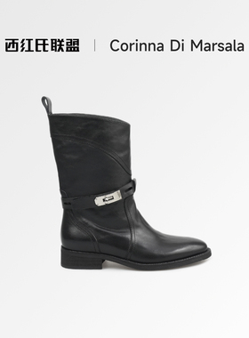 Corinna di Marsala真皮中筒靴女2025新款粗跟骑士靴百搭时装靴