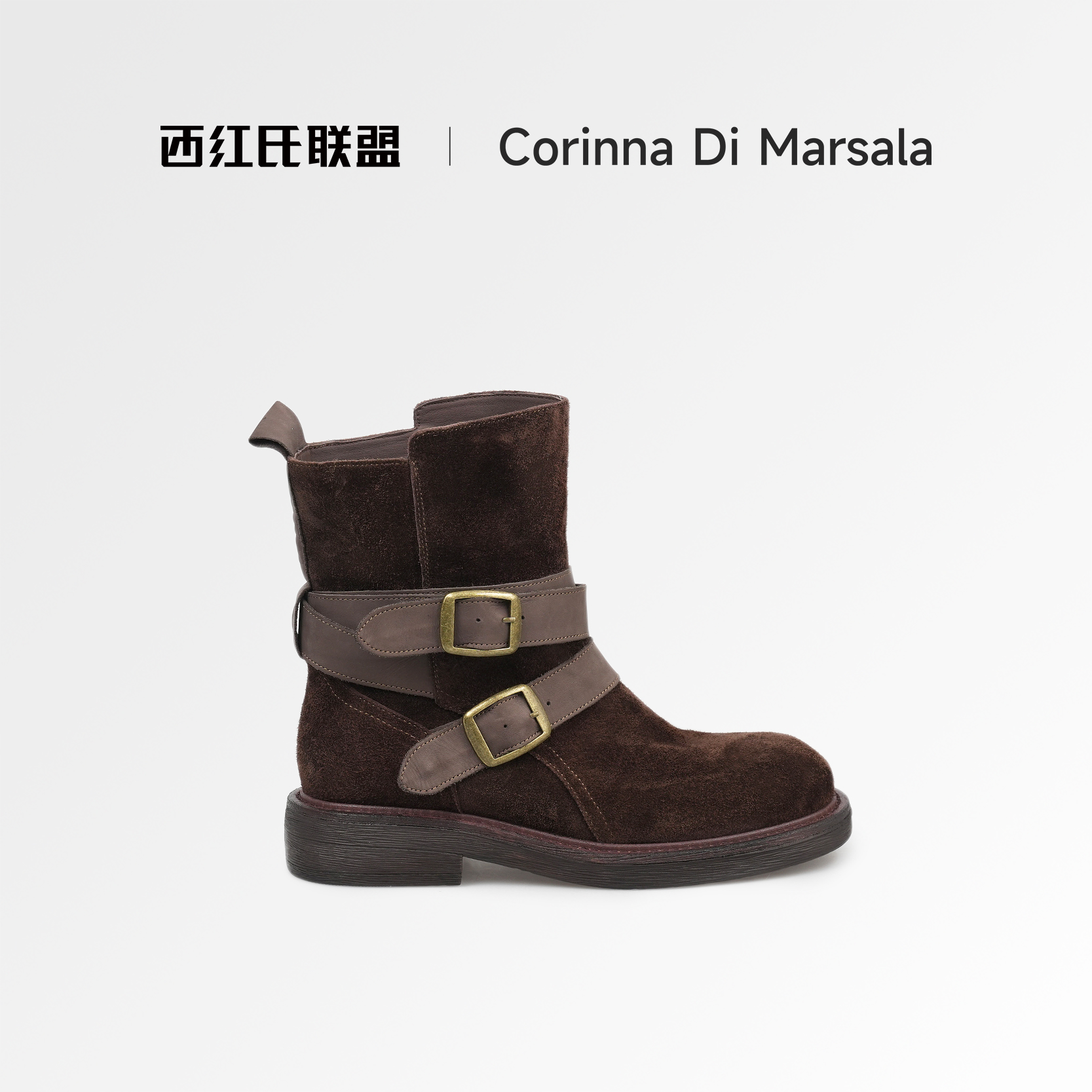 真皮时装靴女英伦风粗跟中筒靴