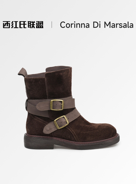 Corinna di Marsala2025新款真皮时装靴女英伦风粗跟中筒靴女鞋