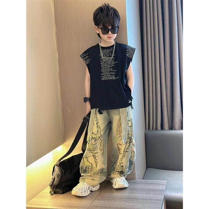 曜晨童品馆男童夏季套装儿童时髦牛仔裤男孩时尚百搭长裤两件套