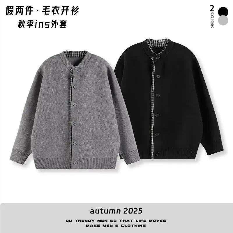 Lucky轻奢男装秋冬千鸟格圆i领开衫毛衣男女情侣款宽松休闲上衣