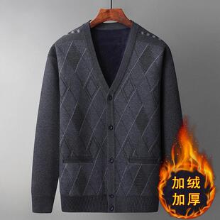 瑞恩轻奢服饰秋冬新款中老年加绒加厚开衫毛衣爸爸装V领针织外套