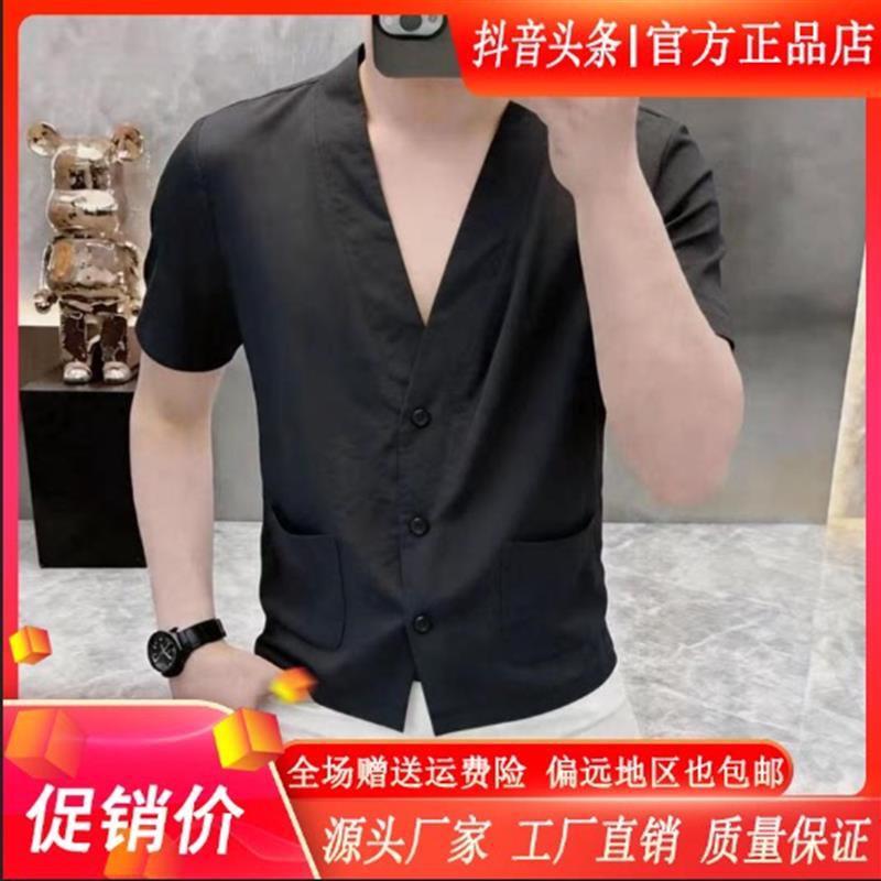 擎凌轻奢男装高档时尚夏季男士V领短袖衬衣休闲宽松时尚潮流衬衫