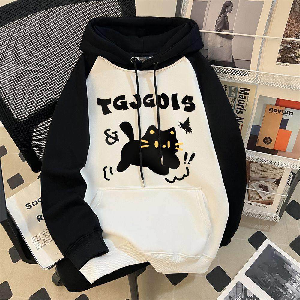 女童美式插肩袖连帽卫衣秋冬新款潮牌中大童初中学生加绒慵懒外套