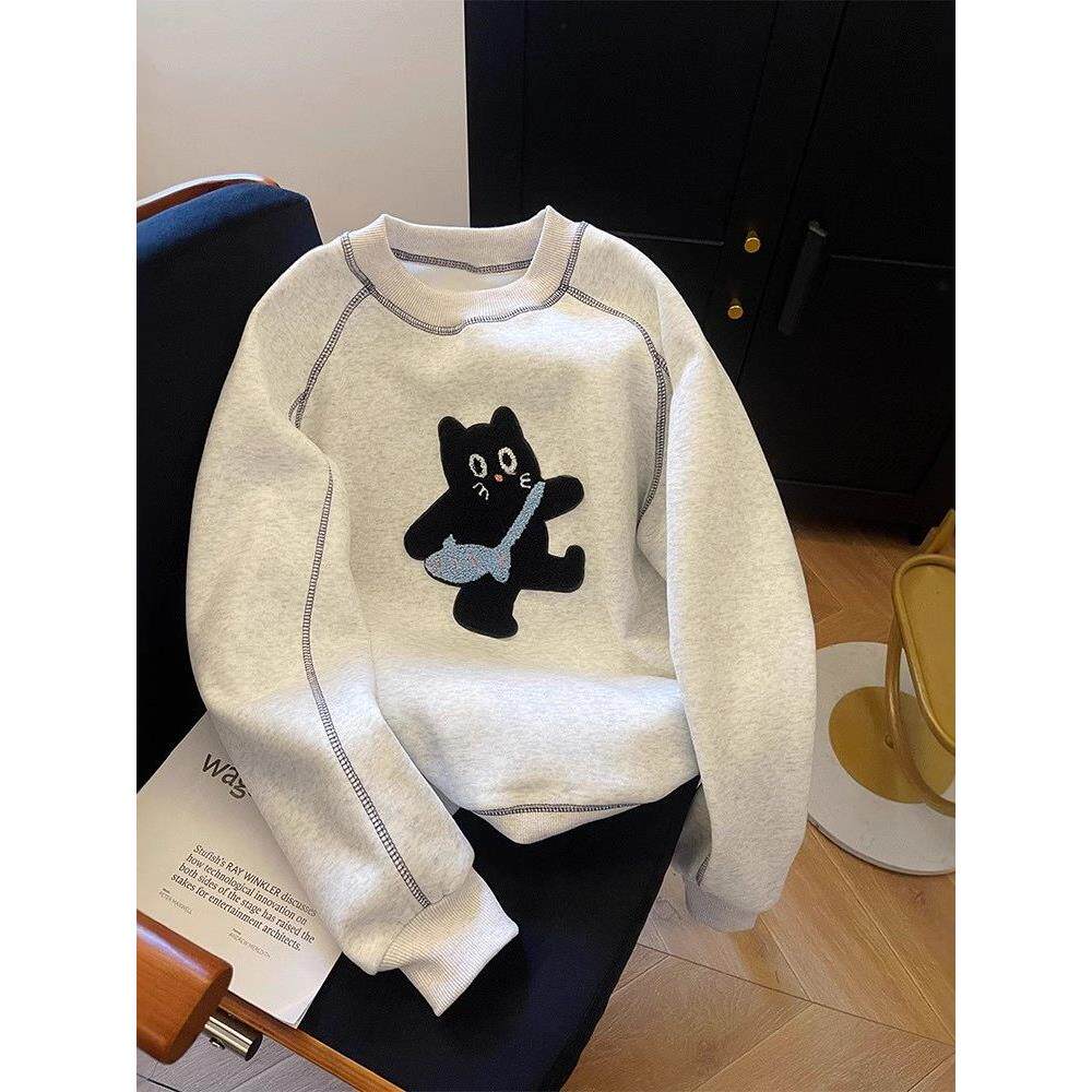 女童卫衣圆领秋冬加绒洋气中大童冬季加厚女孩卡通小猫一体绒上衣