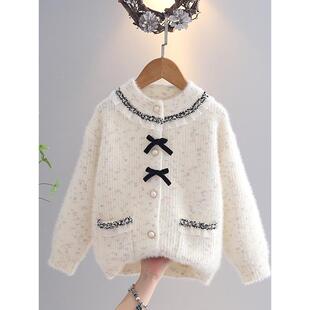 女童开衫水貂绒小香风毛衣2025春秋新款百搭洋气中大童上衣外穿