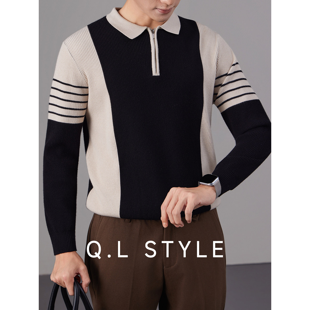 2025新款拼色半拉链翻领针织衫