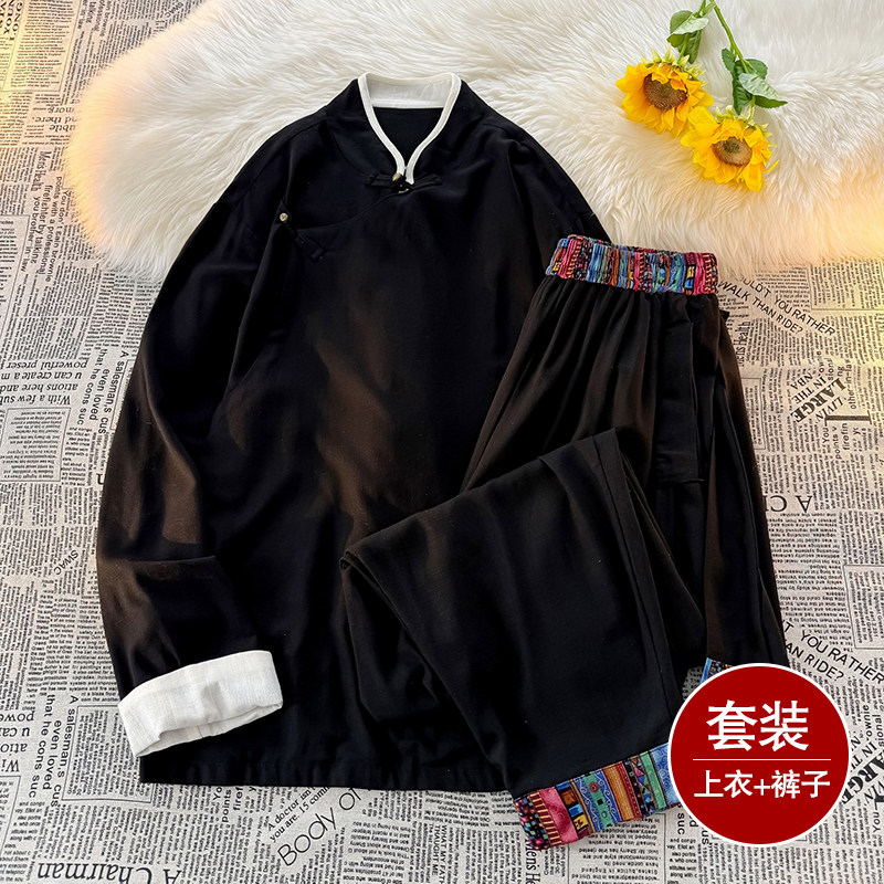 风A斜襟盘扣亚麻棉麻衬衫夹克大裤裆裤套装男TZ151-P173控198图片