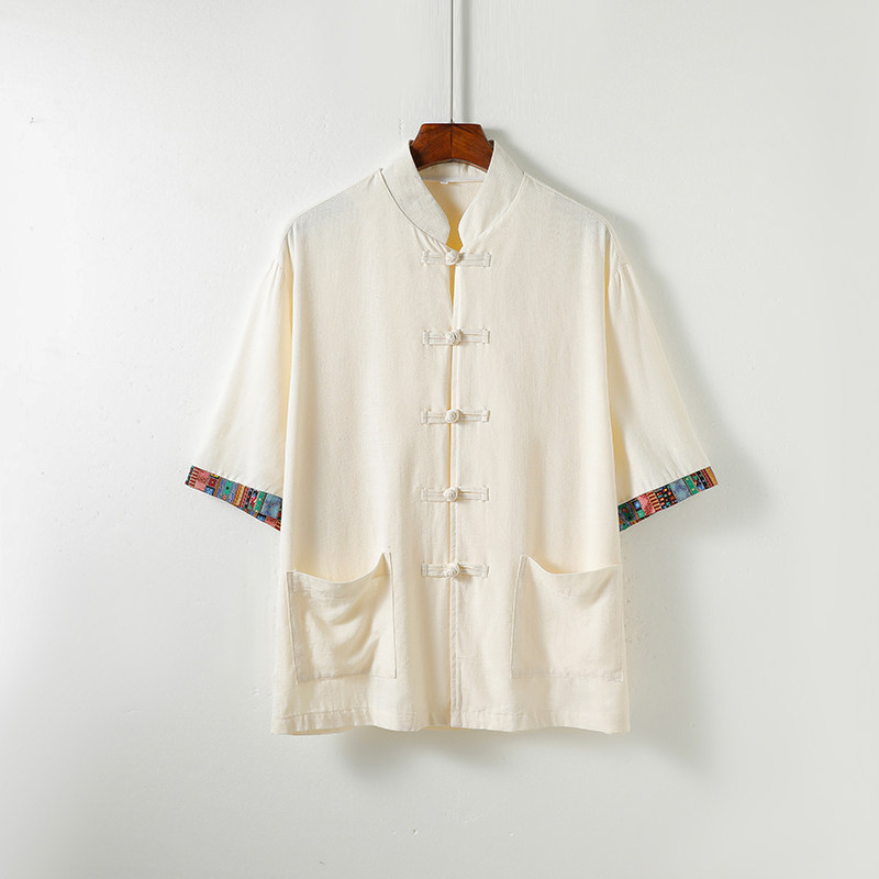 新中式C风民族风拼色盘扣亚麻棉麻衬衫外套男CS78-P75控88，男装衬衫，电商A005A