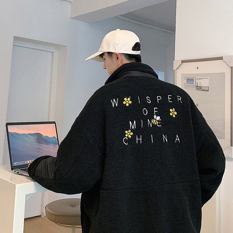 港风直播A羊羔毛摇粒绒小蜜蜂刺绣棉衣棉袄A005A-J8069P80控108,男装夹克,电商A005A